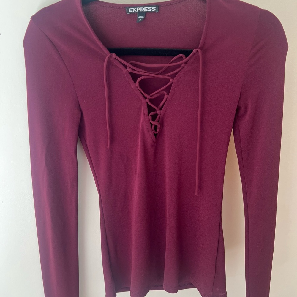 Express Women's Burgundy Lace-Up Top